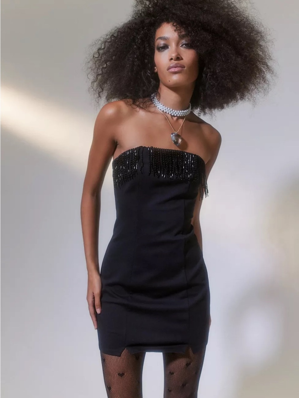 NWT Urban Outfitters Marina Beaded Fringe Strapless Mini Dress Black Size M